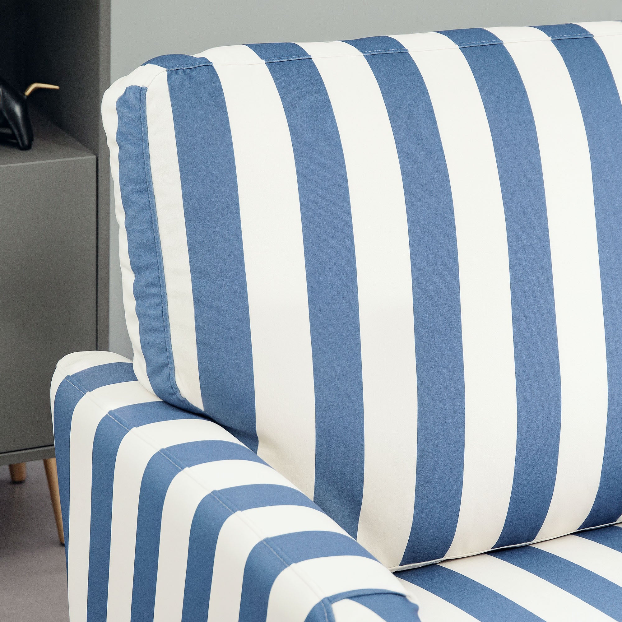 HOMCOM Modern Cuddle Chair, Velvet Single Sofa Armchair with Stripe, Turned Legs and Wide Seat, Upholstered Snuggle Chair for Living Room, Bedroom, Blue and White